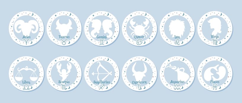Astrology zodiac signs set, mystical round icons. Esoteric symbols for logo or icons. Pastel colors