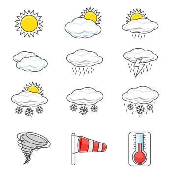 Outline weather icon set isolated on white background. Collection of various icons related to weather climate and meteorology with outline line and flat design silhouette style