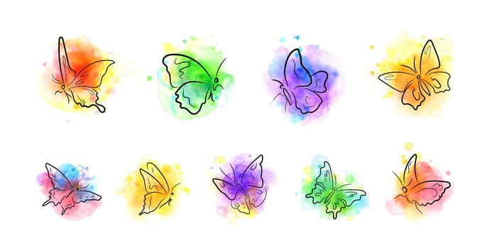 Ink drawn butterflies on bright watercolor spots