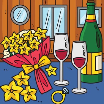 Wedding Glass of Wine Ring Flowers Colored Cartoon