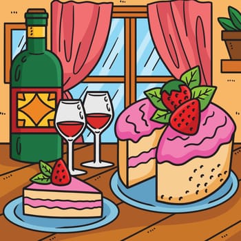 Wedding Cake And Wine Colored Cartoon Illustration