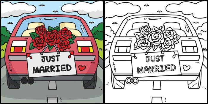 Wedding Car Just Married Coloring Illustration
