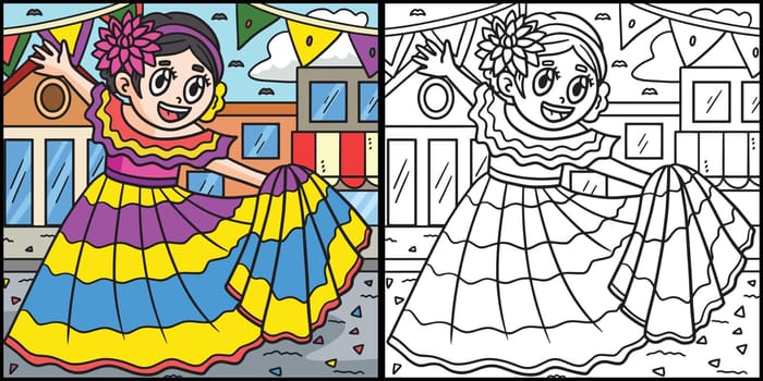 Cinco de Mayo Girl Dancing Coloring Illustration