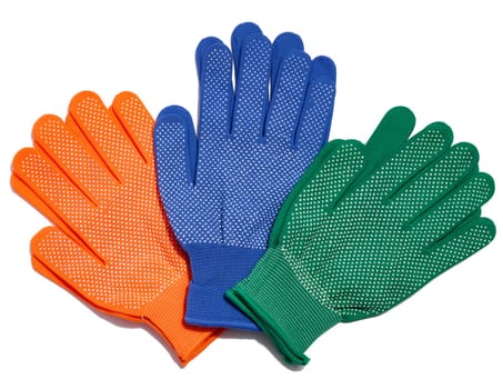 Textile work gloves on a white background. Protective clothing for manual workers, top view