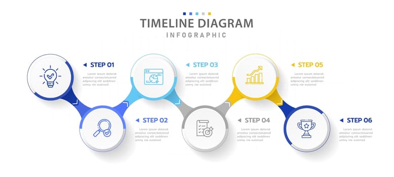 Infographic template for business. 6 Steps Modern Timeline diagram roadmap with connected path circles, presentation vector infographic.