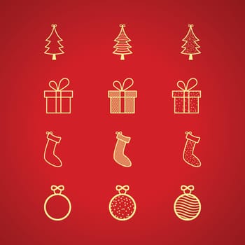 Christmas element collection on red background. Christmas golden ball, sock, golden gift golden tree. Christmas golden elements icon on a red background. Xmas banner or card elements design.