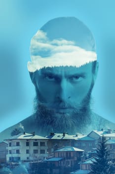 Bearded angry hipster in double exposure image