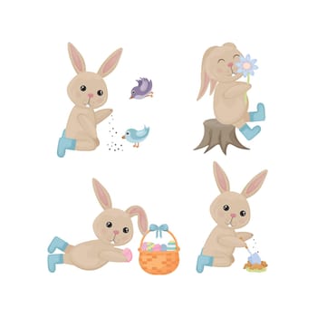 Rabbit set. Cute children s illustration depicting various actions of a rabbit. The hare feeds birds, smells a flower, plays with Easter eggs and plants a vegetable garden. Vector illustration