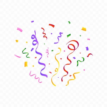 Confetti blast vector for the birthday background. Colorful party ribbon and confetti falling. Multicolor confetti explosion isolated on transparent background. Carnival element. Birthday celebration.