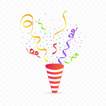 Confetti explosion vector for the birthday background. Colorful party cap and confetti design. Multicolor confetti blast isolated on transparent background. Carnival element. Birthday celebration.