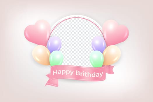 Happy birthday photo frame with balloons. Happy birthday photo frame with pink ribbon and typography. Beautiful birthday party card with pink, green, purple balloons. Digital party invitations.