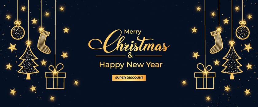 Christmas sales banner with elegant background and Christmas ornaments. Christmas dark background. Xmas Glossy socks and ball icon with golden calligraphy. Golden confetti background element.