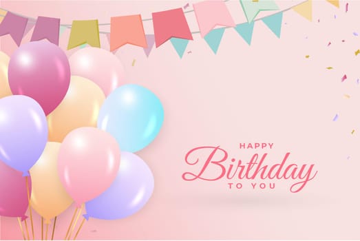 Flat balloons for birthday background. Happy birthday social media post with a lot of balloons and confetti. Happy birthday wish with pink calligraphy. Colorful confetti background, party elements.
