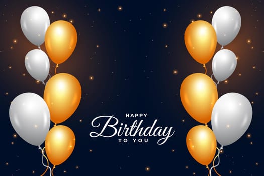 Birthday banner with golden and white balloons. Happy birthday social media banner with balloons and lights. Happy birthday wish with calligraphy. Colorful balloon background, party elements.