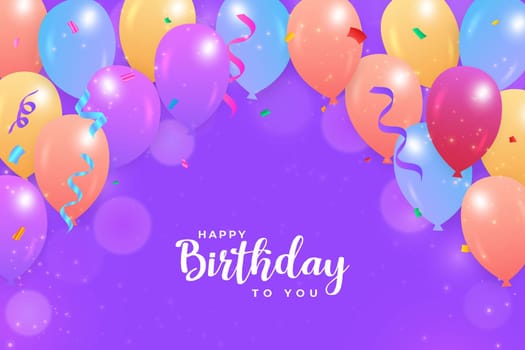 Happy birthday purple background with colorful balloons. Happy birthday banner with colorful confetti. Birthday celebration banner, realistic balloons, colorful party confetti, bokeh background.