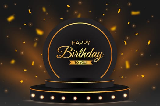 Happy birthday black background with a 3D podium. Happy birthday banner with golden confetti. Birthday celebration banner. Realistic podium, golden confetti, and ribbon, light effect background.