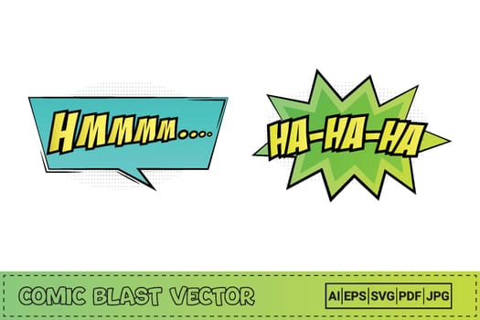 Laughing comic burst with light green and yellow colors. Hmm comic blast with yellow and blue color. Comic burst explosion. Laughing blast bubble for cartoon speeches. Comic speech explosion vector.