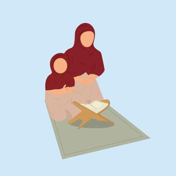 Muslim mother and daughter reading Quran flat illustration. Beautiful mother and daughter praying together flat illustration. Holy Quran flat design with girls wearing red hijab and praying.
