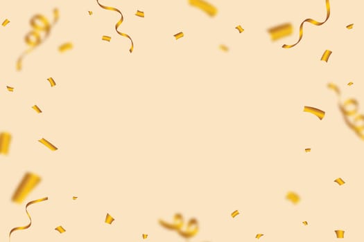 Golden confetti explosion isolated on a gold background. Golden party tinsel and confetti photo frame. Anniversary celebration. Confetti vector for carnival background. Festival elements.