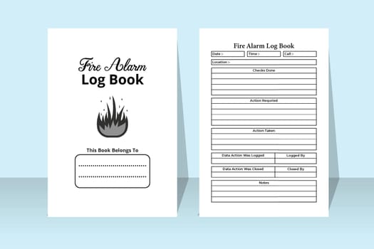 Fire alarm notebook KDP interior. Fire department information checker and action tracker template. KDP interior journal. Fire alarm notebook and location information checker interior.