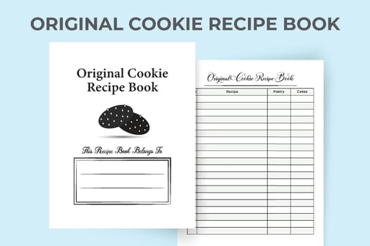 Original cookie recipe log book KDP interior. Cookie or cake-making information and ingredients checker template. KDP interior notebook. Original cookie recipe tracker and cake info checker interior.