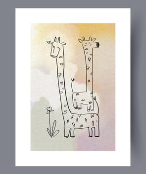 Animal giraffes drawn couple wall art print. Wall artwork for interior design. Printable minimal abstract giraffes poster. Contemporary decorative background with couple.