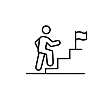 Businessman running up stairway to flag thin line icon. Career, challenge, trouble isolated outline sign. Business and startup concept. Vector illustration symbol element for web design and apps.