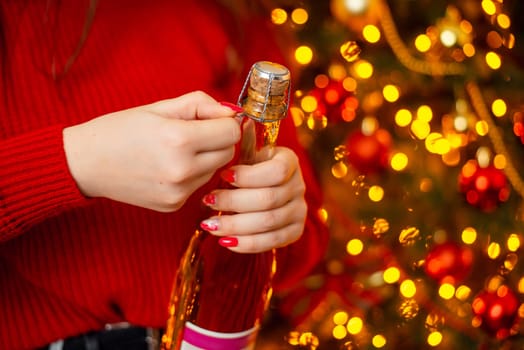 Close-up shot of hands of a girl opening bottle with champagne.