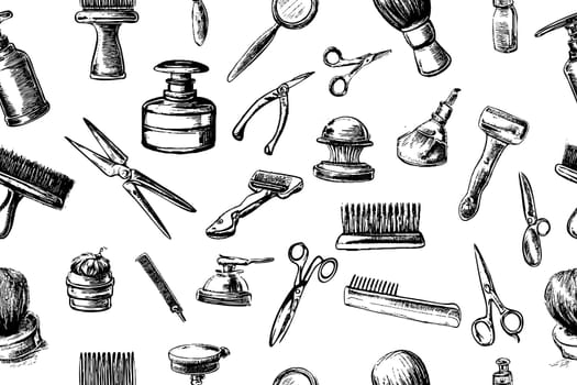 Babershop sketch tools set. Barber essential equipment collection, hair clippers, shears, razors. Vector hand drawn illustration hairdressing supplies.