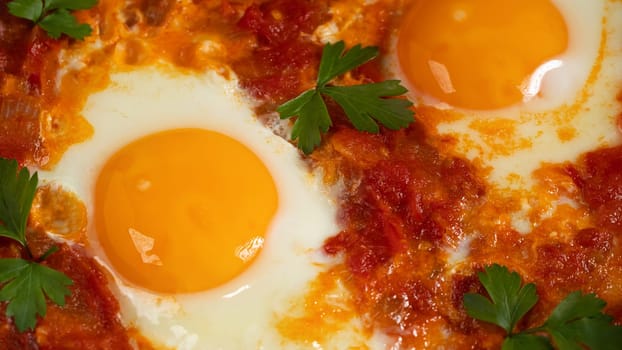 Two egg shakshuka in tomato sauce with fresh tomatoes, spices and herbs. Close-up scrambled eggs