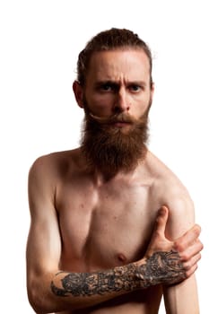 Cool hipster guy with long beard over white background