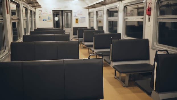 Empty passenger car of economy class train.