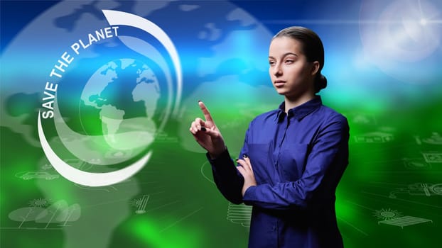 Active youth asks to save planet, serious young female looking at globe