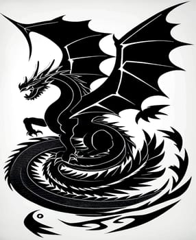 Dragon tattoo in black on a white background.