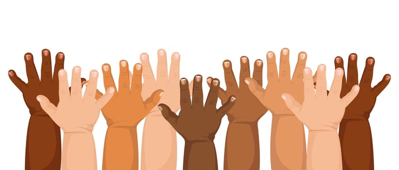 A group of children's raised hands of different nationality and ethnicity. Illustration