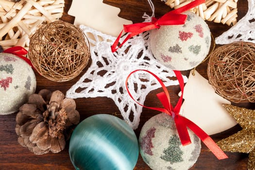 Decorations for christmas on wooden background