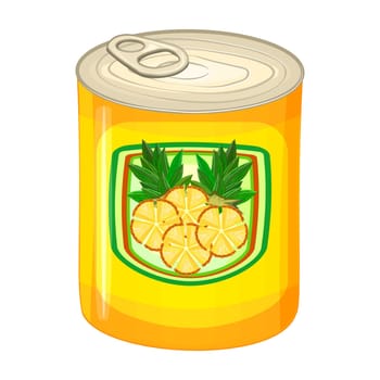 Pineapple tin can isolated on white background. Fresh ananas pieces with sugary syrup in metallic can package.
