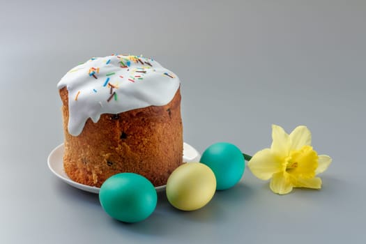 Easter cake and colorful Easter eggs with daffodil flower.