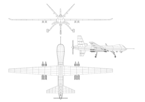 Military Drone Top, Side And Front View Blueprint