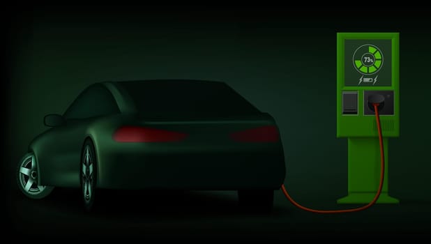 3D Green Electric Car With Charging Station