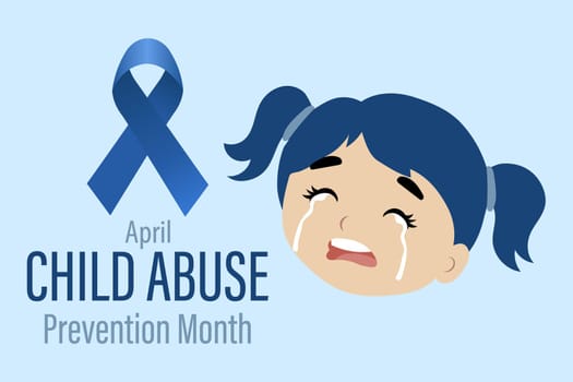 Child Abuse Prevention Month, April. The face of a crying girl and a blue ribbon.