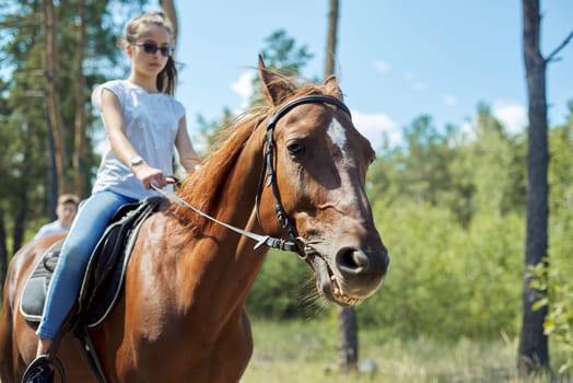 Close up of brown horse running with teenage rider girl