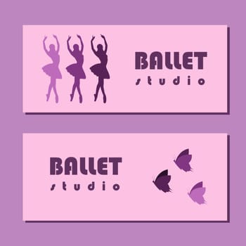 Theatre ticket design. Ballet school flyer template. Ballerina silhouette in the tutu and pointe shoe with butterfly. Pink and purple card design. Vector illustration.