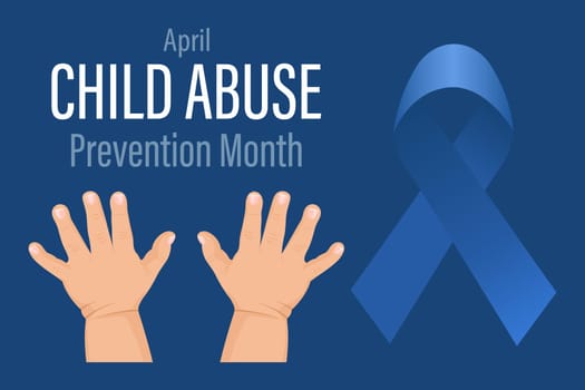 Child Abuse Prevention Month, April. Children's raised hands and a blue ribbon.