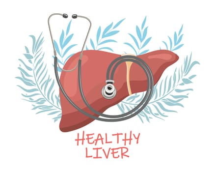 Healthy liver with a stethoscope on the background of leaves and flowers. Medicine concept, digestive system.