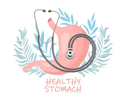 Healthy stomach with a stethoscope on the background of leaves and flowers. Medicine concept.