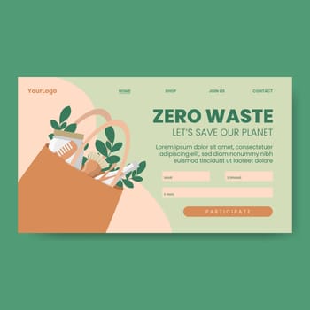 Eco bag with eco products, and leaves with text Zero Waste on a landing page, vector illustration.
