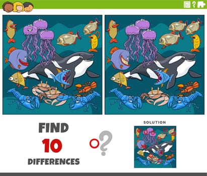Cartoon illustration of finding the differences between pictures educational game with comic marine animal characters