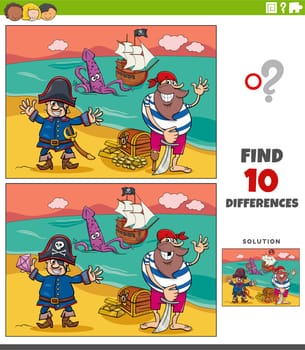 differences game with cartoon pirate characters with treasure