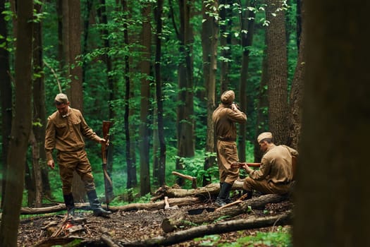 TERNOPIL, UKRAINE - June 2020 UPA Ukrainian Insurgent Army movie filming. Pictures of backstage. Soldiers taking a rest in the forest